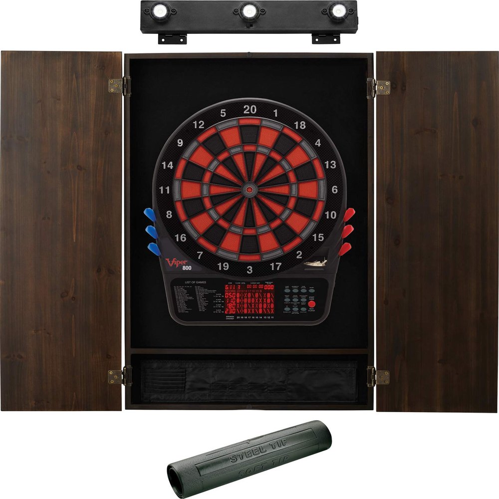 Viper by GLD Products 800 Electronic Dartboard, Metropolitan Espresso Cabinet, Laser Throw Line & Shadow Buster Dartboard Light Bundle
