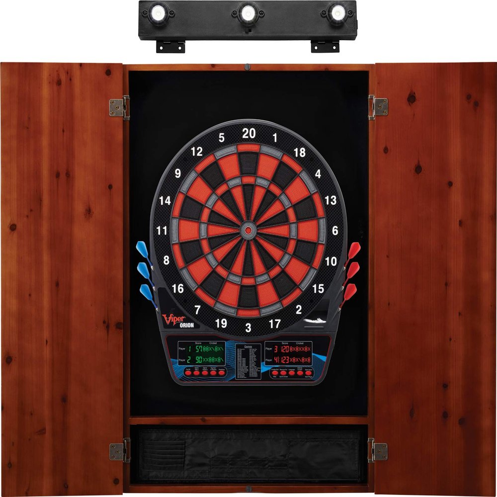Viper by GLD Products Orion Electronic Dartboard, Metropolitan Cinnamon Cabinet & Shadow Buster Dartboard Light Bundle