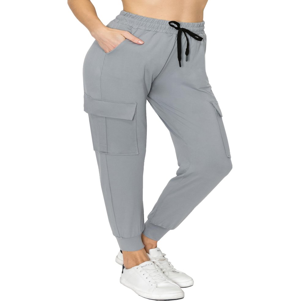 ALWAYS Cargo Jogger Pants for Women, High Waisted Sweatpants with Pockets, Super Soft Casual Lounge Pants for Athletic Yoga & Gym, Cotton Drawstring Trousers, Grey L