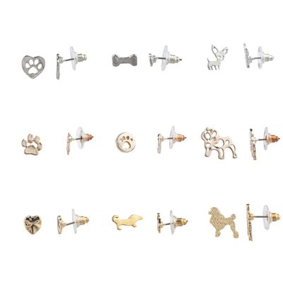 Lux Accessories Set of 9 Pairs Heart Puppy Paw Assorted Dogs Bone Silver Gold Stud Earrings