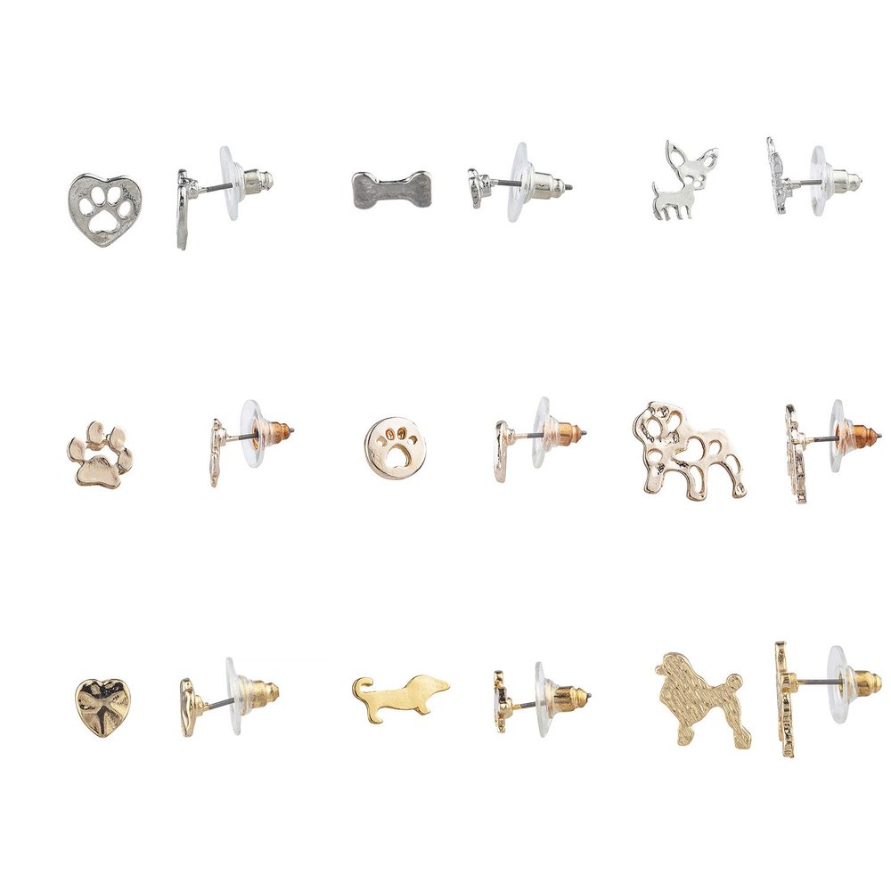 Lux Accessories Set of 9 Pairs Heart Puppy Paw Assorted Dogs Bone Silver Gold Stud Earrings