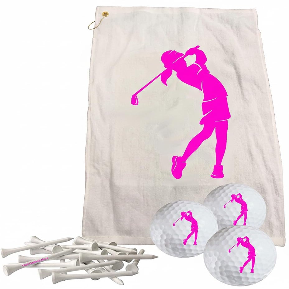 Personalized Lady Golf Towel Set, 16 x 26 Inch Towel with 3 Custom Golf Balls and 15 Tees, Pink, Gift Ready Packaging