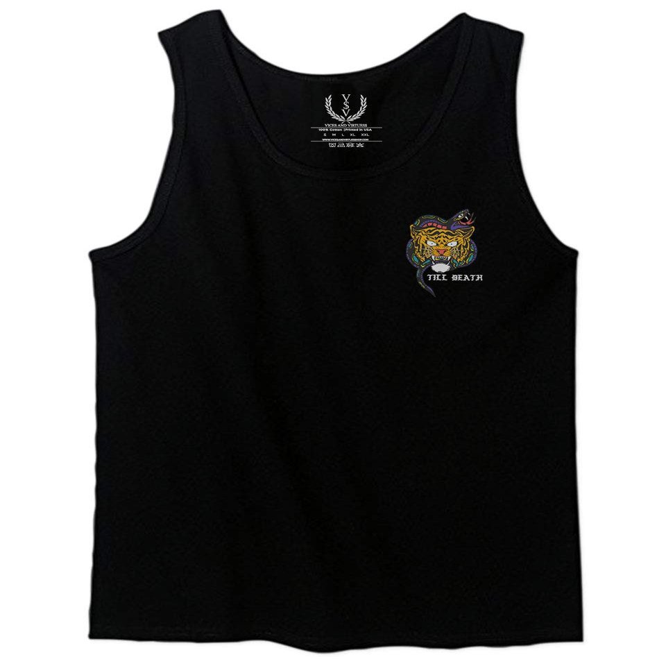0252. Tiger Graphic Traditional Japanese Tattoo Till Death Society Men's Tank Top (Black, Medium)