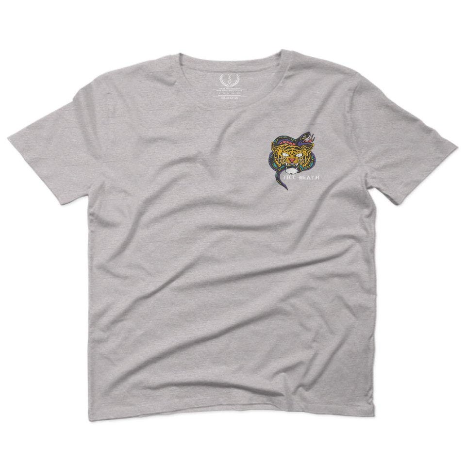 0252. Tiger Graphic Traditional Japanese Tattoo Till Death Society for Men T Shirt (Light Gray 2X-Large)