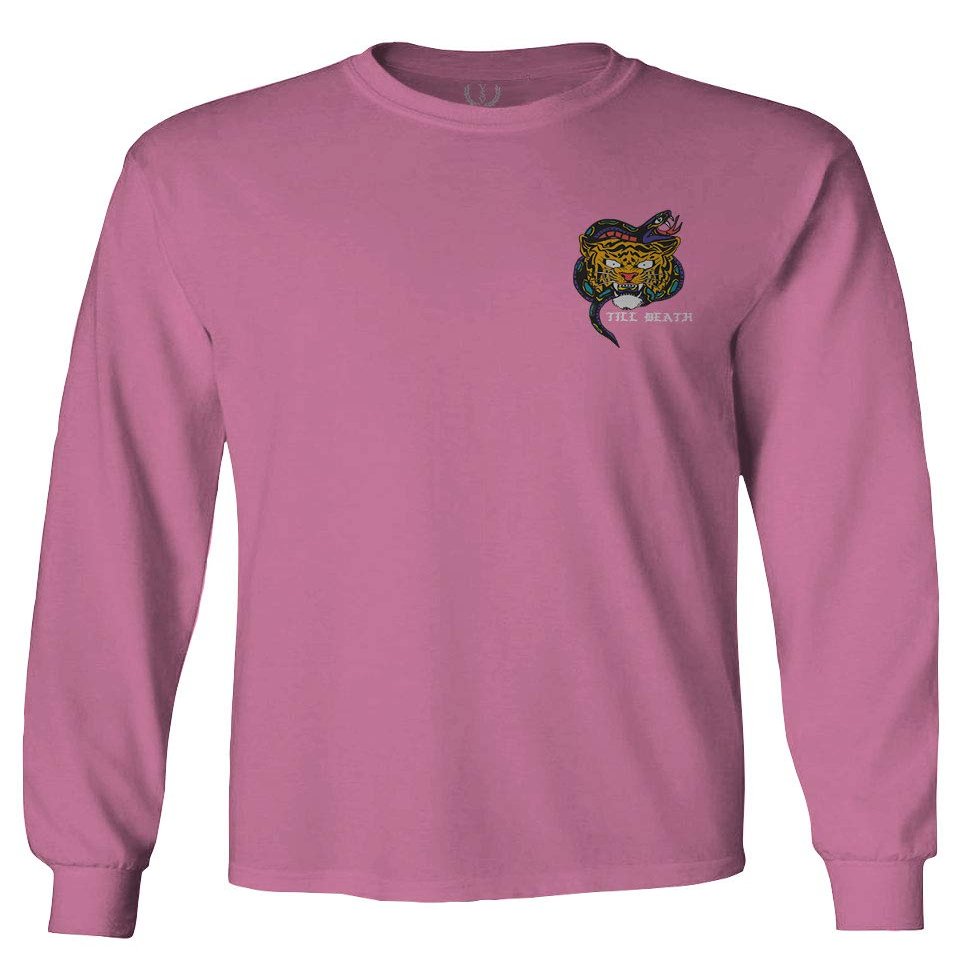 0252. Tiger Graphic Traditional Japanese Tattoo Till Death Society Men's Long Sleeve t Shirt (Pink 2X Large)