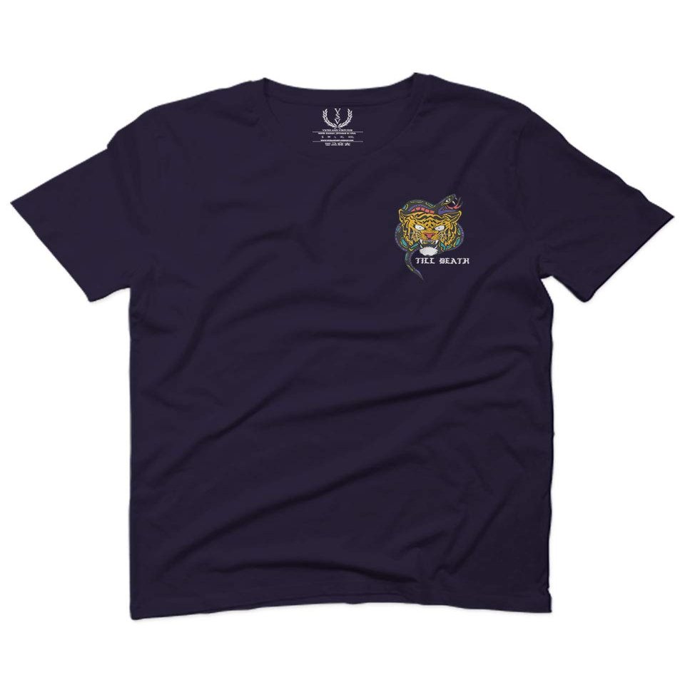 0252. Tiger Graphic Traditional Japanese Tattoo Till Death Society for Men T Shirt (Navy Blue, 2X-Large)