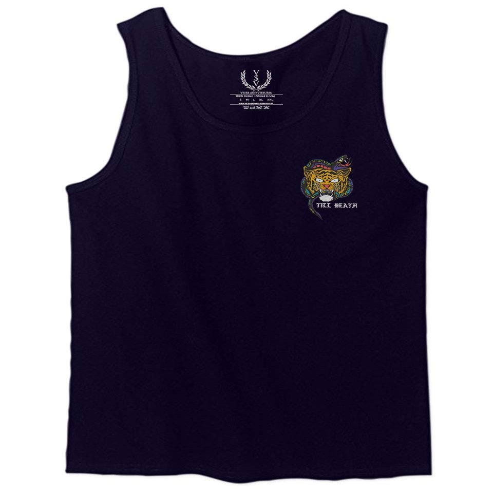 0252. Tiger Graphic Traditional Japanese Tattoo Till Death Society Men's Tank Top (Navy Blue, Medium)