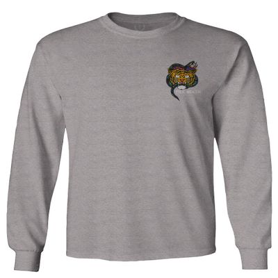 0252. Tiger Graphic Traditional Japanese Tattoo Till Death Society Men's Long Sleeve t Shirt (Light Gray Small)
