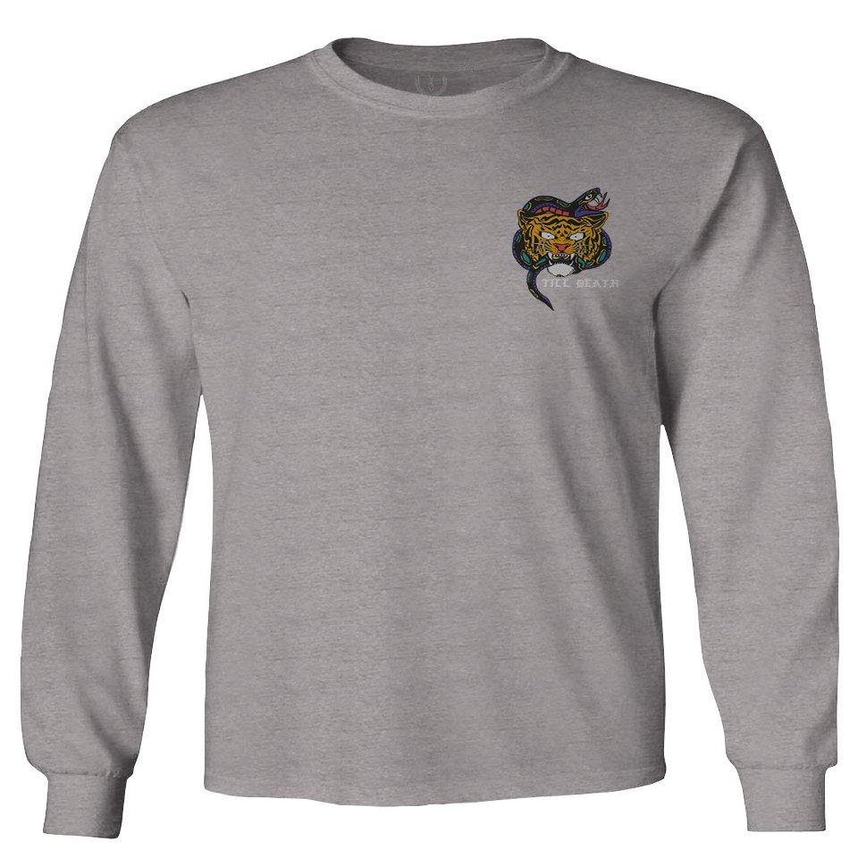 0252. Tiger Graphic Traditional Japanese Tattoo Till Death Society Men's Long Sleeve t Shirt (Light Gray Medium)