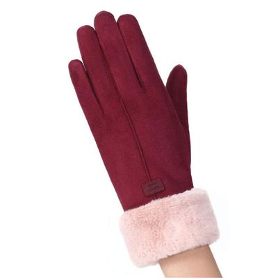 ZALING Women Gloves Winter Touch Screen Full Finger Mittens Female Suede Furry Warm Full Finger Gloves Lady Winter Outdoor Sport Driving Women Gloves, Red wine color