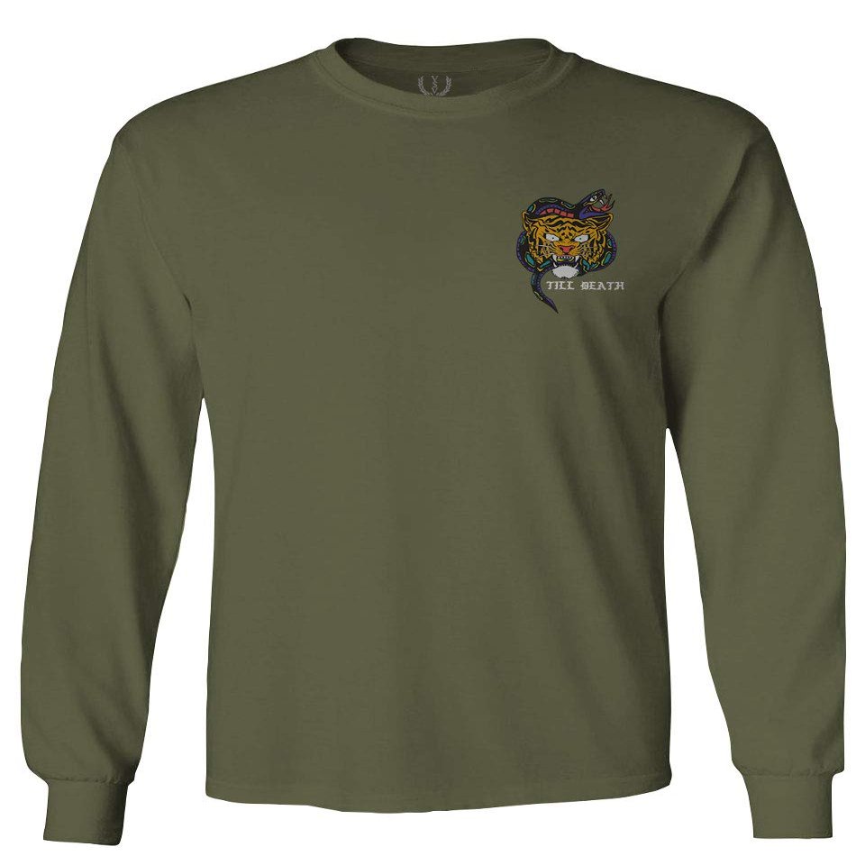 0252. Tiger Graphic Traditional Japanese Tattoo Till Death Society Men's Long Sleeve t Shirt (Olive, Large)