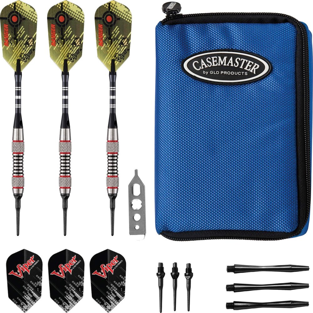 Viper Ranger Tungsten Soft Tip Darts Red Rings 18 Grams and Casemaster Select Blue Nylon Dart Case
