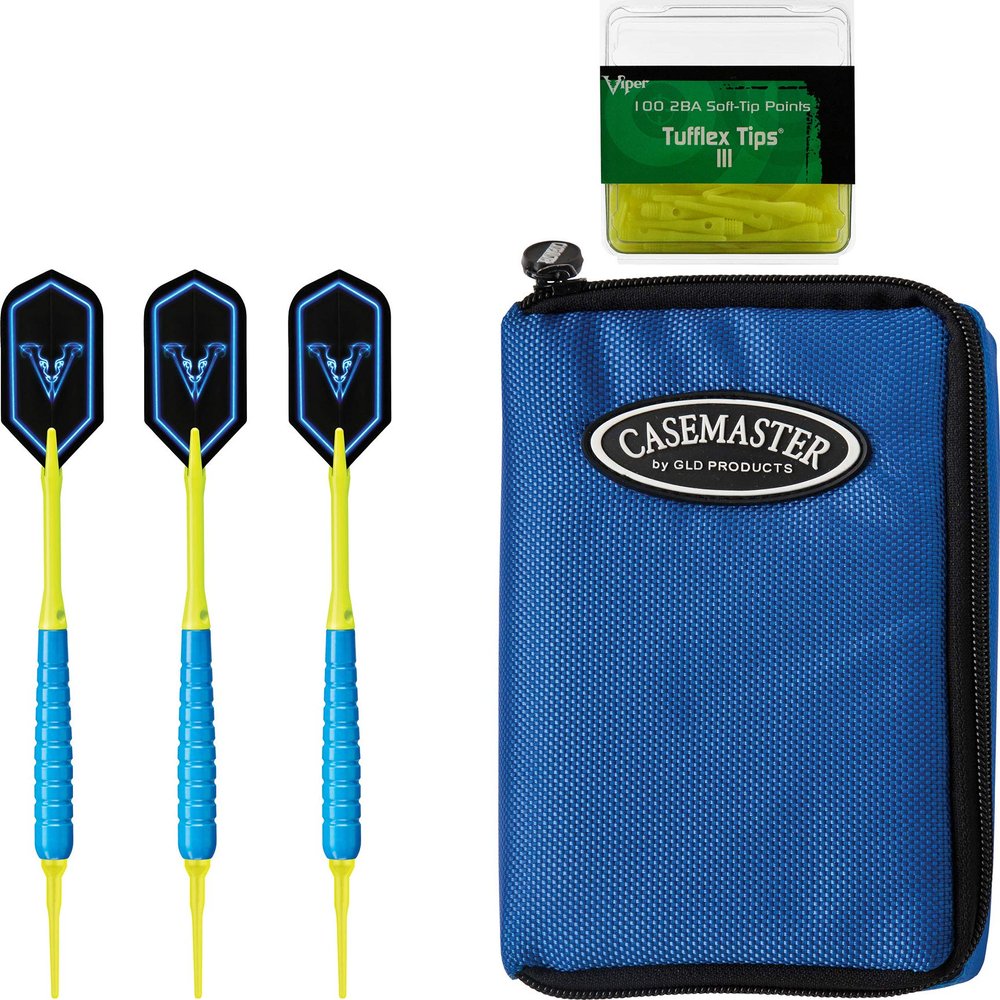 Viper V-Glo Blue 18 Gram Soft Tip Darts, Casemaster Select Blue 2BA Tufflex III Tips - Neon Yellow 100 ct Box