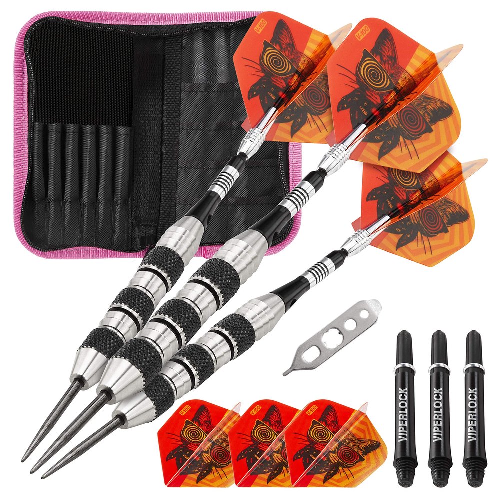 Viper The Freak Steel Tip Darts Knurled and Shark Fin Barrel 22 Grams and Casemaster Deluxe Pink Nylon Dart Case