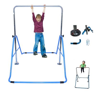 Athletic Bar Expandable Gymnastics Bar Horizontal Kip Bar Junior Training Adjustable Height Jungle Gym Children Training Monkey Bars Climbing Tower Playground Balance Bar Gymnasts Blue