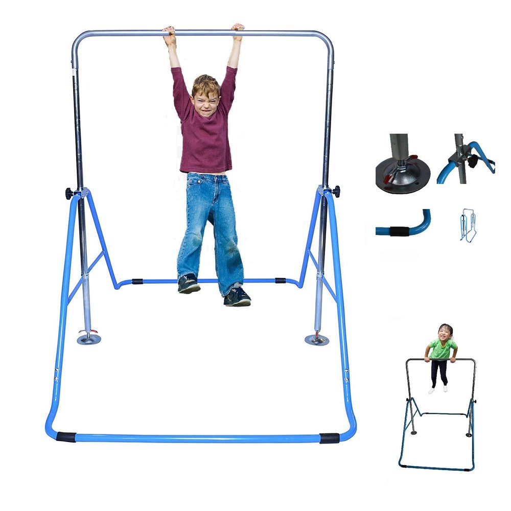 Athletic Bar Expandable Gymnastics Bar Horizontal Kip Bar Junior Training Adjustable Height Jungle Gym Children Training Monkey Bars Climbing Tower Playground Balance Bar Gymnasts Blue