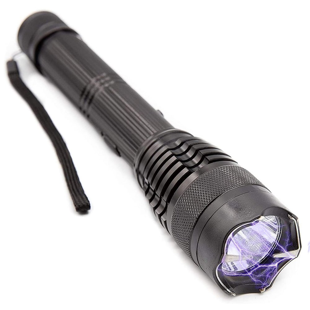 2-in-1 Stun Gun Flashlight-Rechargeable Stun Gun for self Defense Men Women-Palm Sized-Shockwave Mini Tactical Stungun- 9.5" Military Grade Body-Multiple Light Modes-Holster & Charging Cable