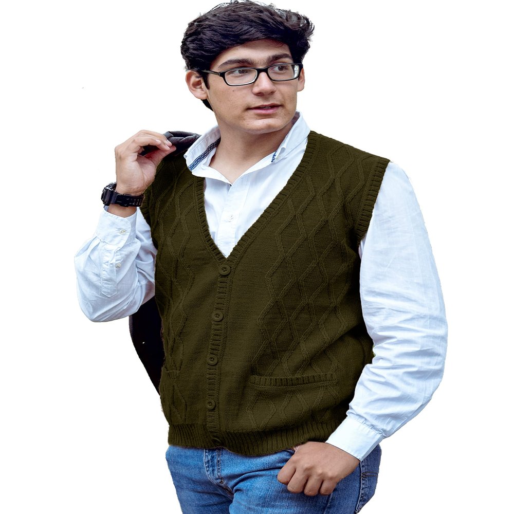 TINKUY PERU Sweater For Men, V Neck Argyle Sweater Vest, Soft Authentic Peruvian Alpaca Wool Knitted Jacquard Pullover Sleeveless Sweater with Buttons for Men, Size S-4XL, (Olive Green, 3X-Large)