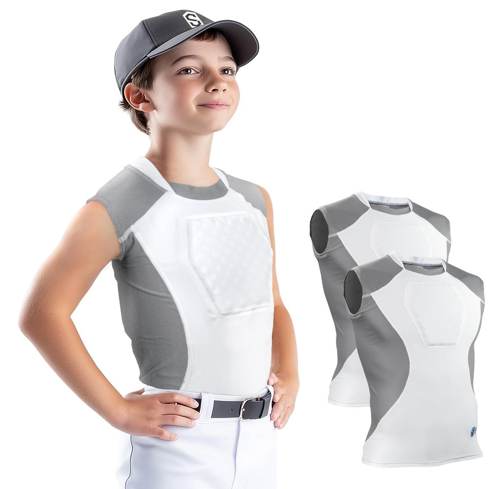 Sports Unlimited Diamond Shield Youth Baseball Padded Shirt, Heart Guard Sternum Protection Compression Shirt, Chest Protector Baseball and Softball - 2 Pack