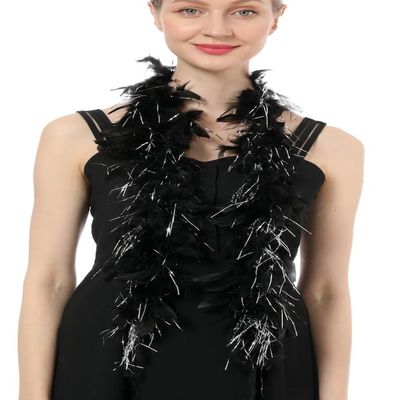 Flydreamfeathers 25 Gram, 4 Feet Long Chandelle Feather Boa, Feather Boa, Great for Party, Wedding, Halloween Costume, Christmas Tree, Decoration (Black w/Silver color)