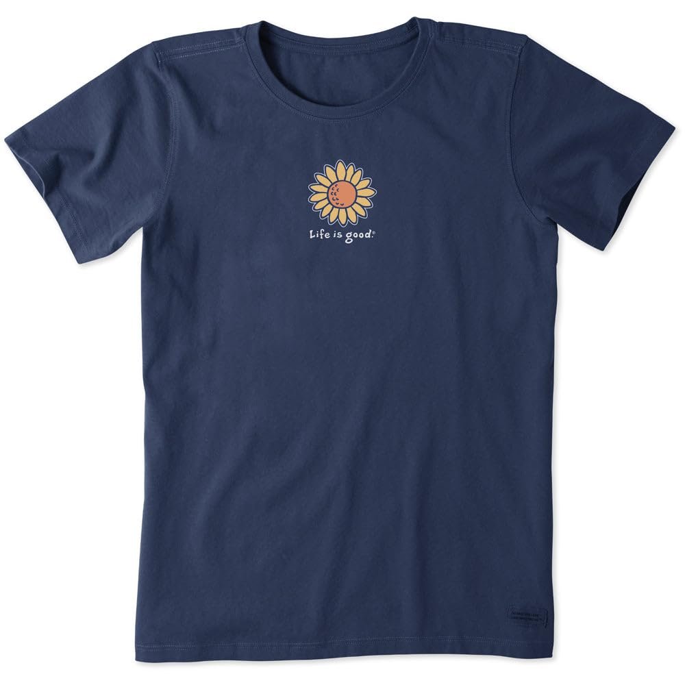 Life is Good Women's Crusher Tee Shirt, Short Sleeve Cotton Graphic T-Shirts, Vintage Sunflower, Darkest Blue, Medium