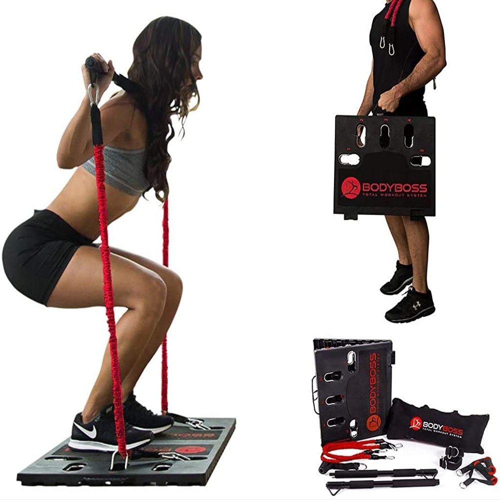 BodyBoss Home Gym 2.0 - Full Portable Gym Home Workout Package + 1 Set of Resistance Bands - Collapsible Resistance Bar, Handles - Full Body Workouts for Home, Travel or Outside - Red
