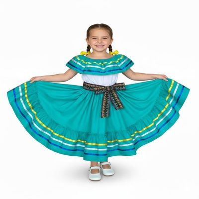 unik Girl's Fancy Traditional Mexican Cinco De Mayo Birthday Fiesta Dress with Belt Size 4-14 Mint