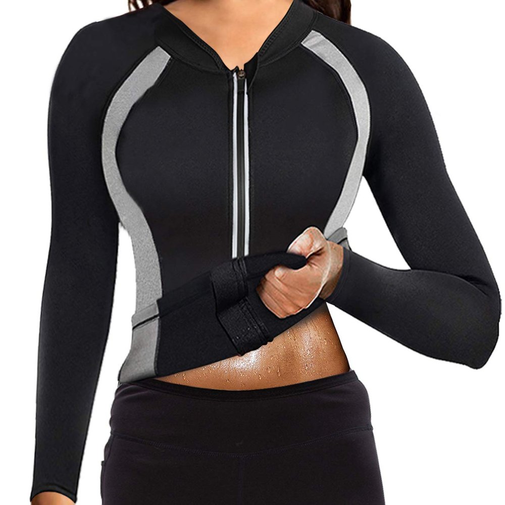 NonEcho Women Sauna Suit Waist Trainer Jacket Hot Sweat Top Neoprene Body Shaper Workout Suit Running Cycling Jersey Black