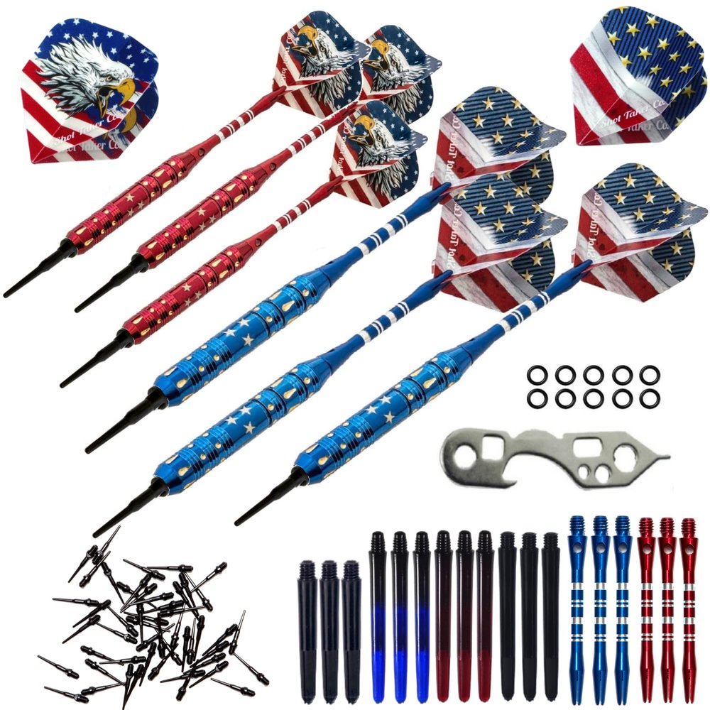 Soft Tip Darts Set - Professional Darts for Electronic Dartboard - Includes Brass Barrels + Plastic & Aluminum Shafts + Rubber O'Rings + Flights + 50PC 2BA Tips + Wrench (19g-USA-STC10421)
