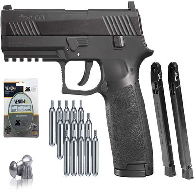 P320 Sig Sauer Airgun .177 Cal 30 Rd with 15x12 gr C02 Tanks and 500 Match Lead Pellets Bundle (Black)