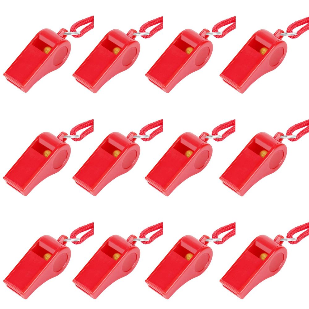 12PCS Red Emergency Whistle with Lanyard, Super Loud Plastic Whistles Bulk Perfect for Self-Defense, Lifeguard and Emergencies