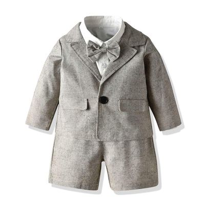Moyikiss Studio Toddler Dress Suit Baby Boys Clothes Sets Bowtie Shirts + Suspender Shorts+Jacket 3pcs Gentleman Outfits Suits(Grey,130/6T)