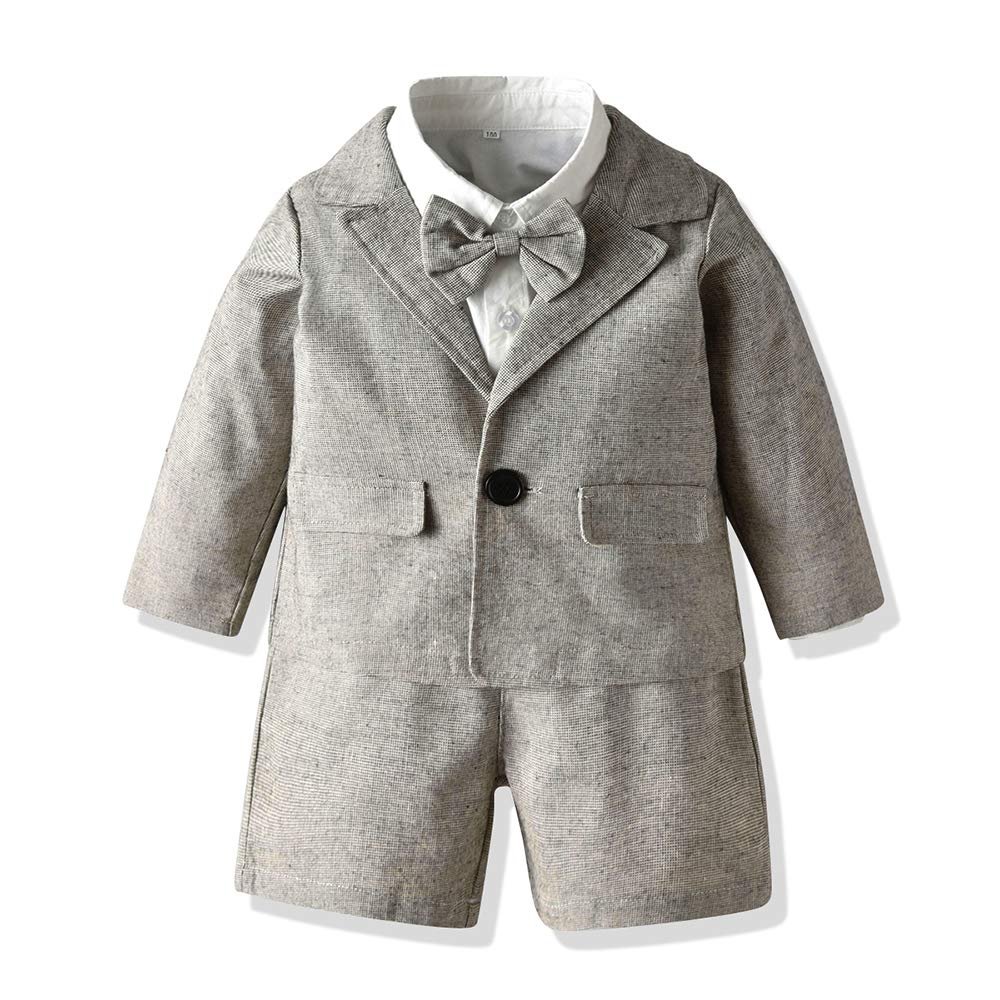 Moyikiss Studio Toddler Dress Suit Baby Boys Clothes Sets Bowtie Shirts + Suspender Shorts+Jacket 3pcs Gentleman Outfits Suits(Grey,130/6T)