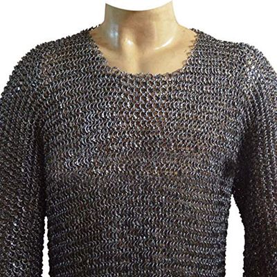 Medieval 16 Gauge 9 mm Full Round Riveted Maille Hauberk Chest 36 (Blackened)