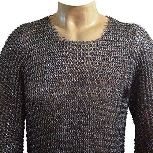 Medieval 16 Gauge 9 mm Full Round Riveted Maille Hauberk Chest 36 (Blackened)
