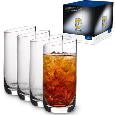 Villeroy & Boch New Moon Set, 4 Pieces, Elegant, Modern Sloping Long Drink, Crystal Glass, Transparent, Dishwasher Safe