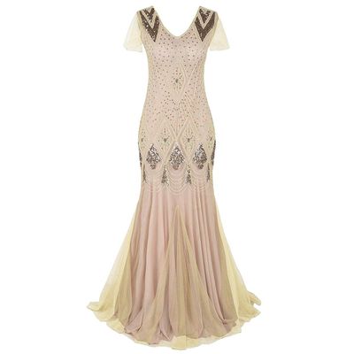 1920s Great Gatsby Flapper Formal Evening Party Dress for Women Vintage V Neck Art Deco Fringe Beaded Sequin Mermaid Hem Floor Length Cocktail Maxi Gown Embellished Prom Costume Apricot + Gold L