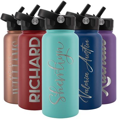 Amazing Items Personalized Water Bottle w/Straw & Lid, 32 oz - Teal | Custom Stainless Steel Sports Water Bottle w/Name and Text - Double-Wall, Vacuum Insulated - Rotating Handle