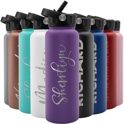 Amazing Items Personalized Water Bottle w/Straw & Lid, 40 oz - Purple | Custom Large Stainless Steel Sports Water Bottle w/Name and Text - Double-Wall, Vacuum Insulated - Rotating Handle