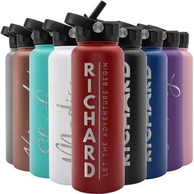 Amazing Items Personalized Water Bottle w/Straw & Lid, 40 oz - Fire Red | Custom Large Stainless Steel Sports Water Bottle w/Name and Text - Double-Wall, Vacuum Insulated - Rotating Handle