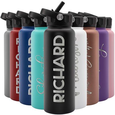 Amazing Items Personalized Water Bottle w/Straw & Lid, 40 oz - Black | Custom Large Stainless Steel Sports Water Bottle w/Name and Text - Double-Wall, Vacuum Insulated - Rotating Handle