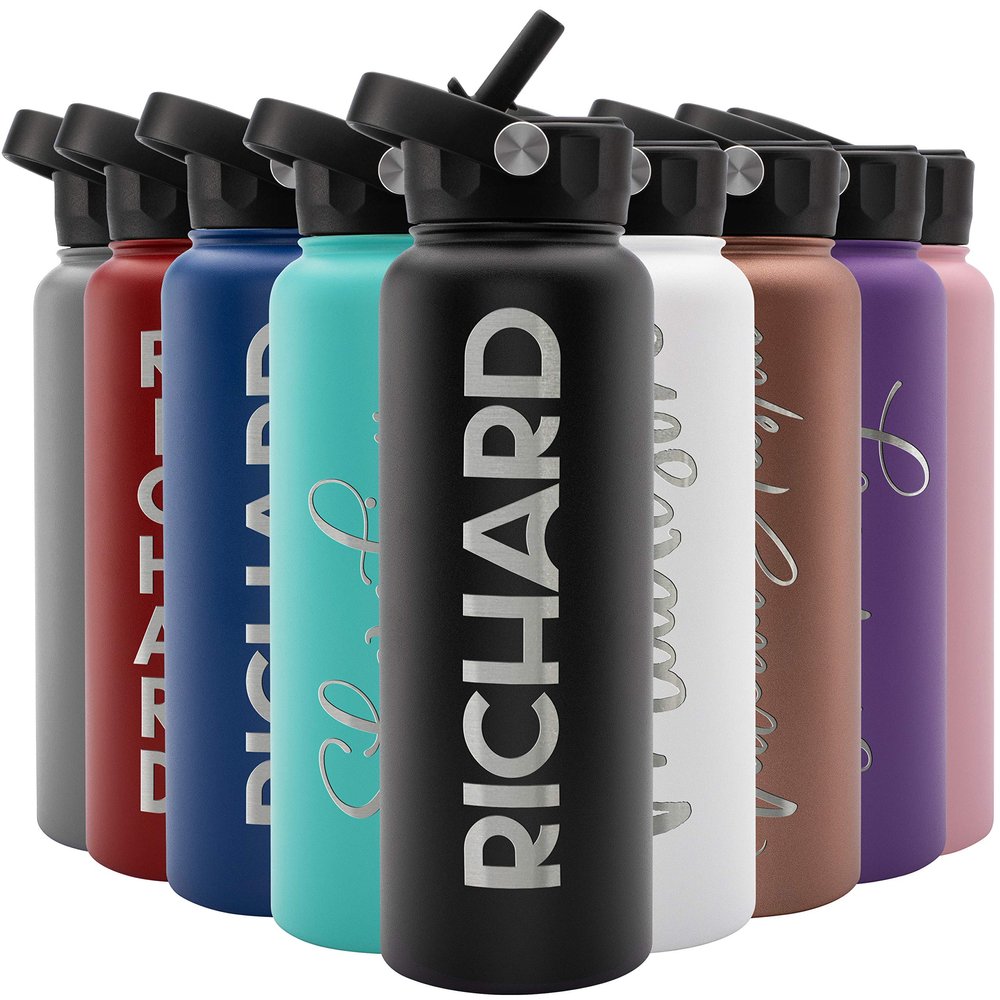 Amazing Items Personalized Water Bottle w/Straw & Lid, 40 oz - Black | Custom Large Stainless Steel Sports Water Bottle w/Name and Text - Double-Wall, Vacuum Insulated - Rotating Handle