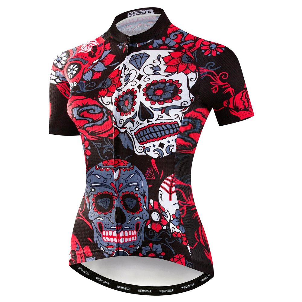 JPOJPO Womens Cycling Jersey Short Sleeve, Ladies Mountain Bike Shirts Bicycle Clothes Outfit Top for Cyclist Biking Cycle Riding Dirt Road BMX MTB Running Workout Sports, Rose Skull Large