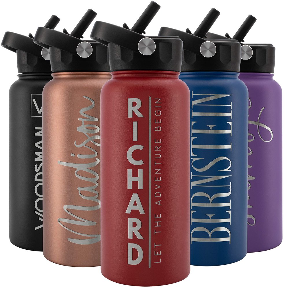 Amazing Items Personalized Water Bottle w/Straw & Lid, 32 oz - Fire Red | Custom Stainless Steel Sports Water Bottle w/Name and Text - Double-Wall, Vacuum Insulated - Rotating Handle