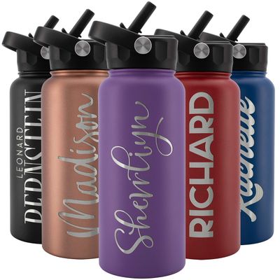 Amazing Items Personalized Water Bottle w/Straw & Lid, 32 oz - Purple | Custom Stainless Steel Sports Water Bottle w/Name and Text - Double-Wall, Vacuum Insulated - Rotating Handle