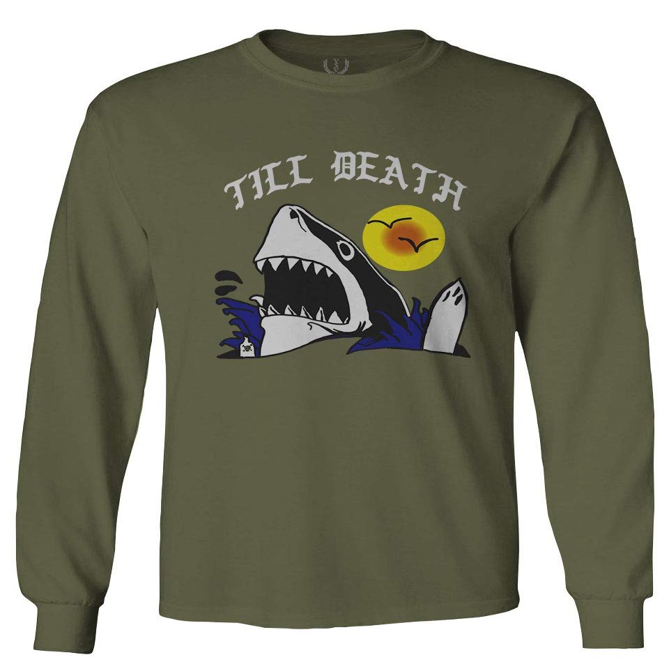 0257. Shark Summer Vibe Cool Graphic Surf Till Death Streetwear Society Men's Long Sleeve t Shirt (Olive, X-Large)