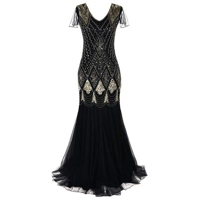1920s Great Gatsby Flapper Formal Evening Party Dress for Women Vintage V Neck Art Deco Fringe Beaded Sequin Mermaid Hem Floor Length Cocktail Maxi Gown Embellished Prom Costume Black + Gold 2XL