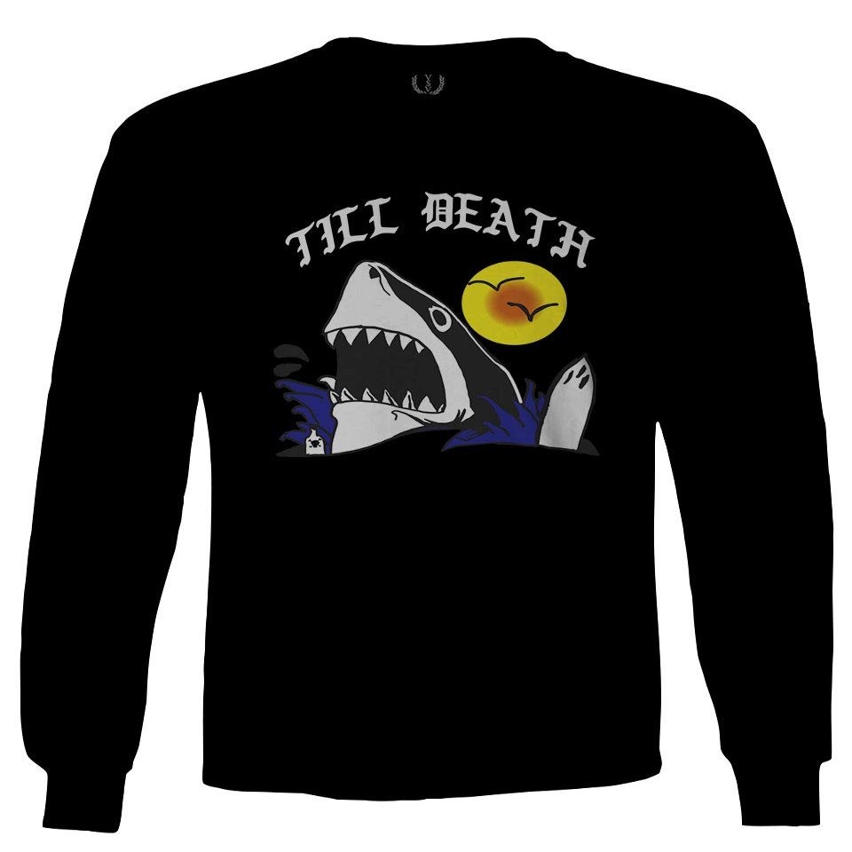 0257. Shark Summer Vibe Cool Graphic Surf Till Death Streetwear Society Men's Long Sleeve t Shirt (Black, 2X Large)