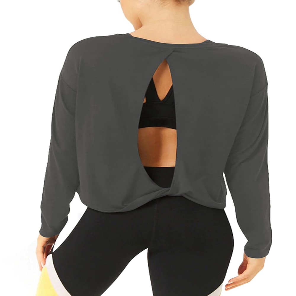 Bestisun Open Back Workout Tops Long Sleeve Backless Yoga Clothes Sports Athletic Shirts for Women Deep Gray L