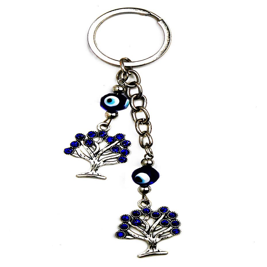 LUCKBOOSTIUM 2 Sacred Tree Charm with Blue Crystal & 2 Evil Eye Beads Keychain Ring Sign of Protection Good Luck & Blessing Home Bags & Car Rear View Mirror Hanging Accessories (2 x 5)